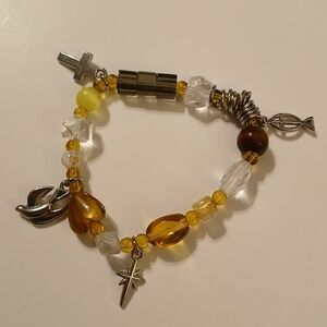 Religious Christian Brown Clear Yellow Beaded Silver Tone Charm Stretch Bracelet